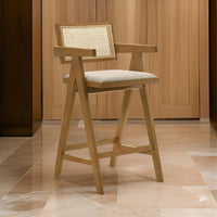 Jane Barstool Chair Set of 2, Sand Beige Rattan, Walnut Brown Solid Wood  - BM319063