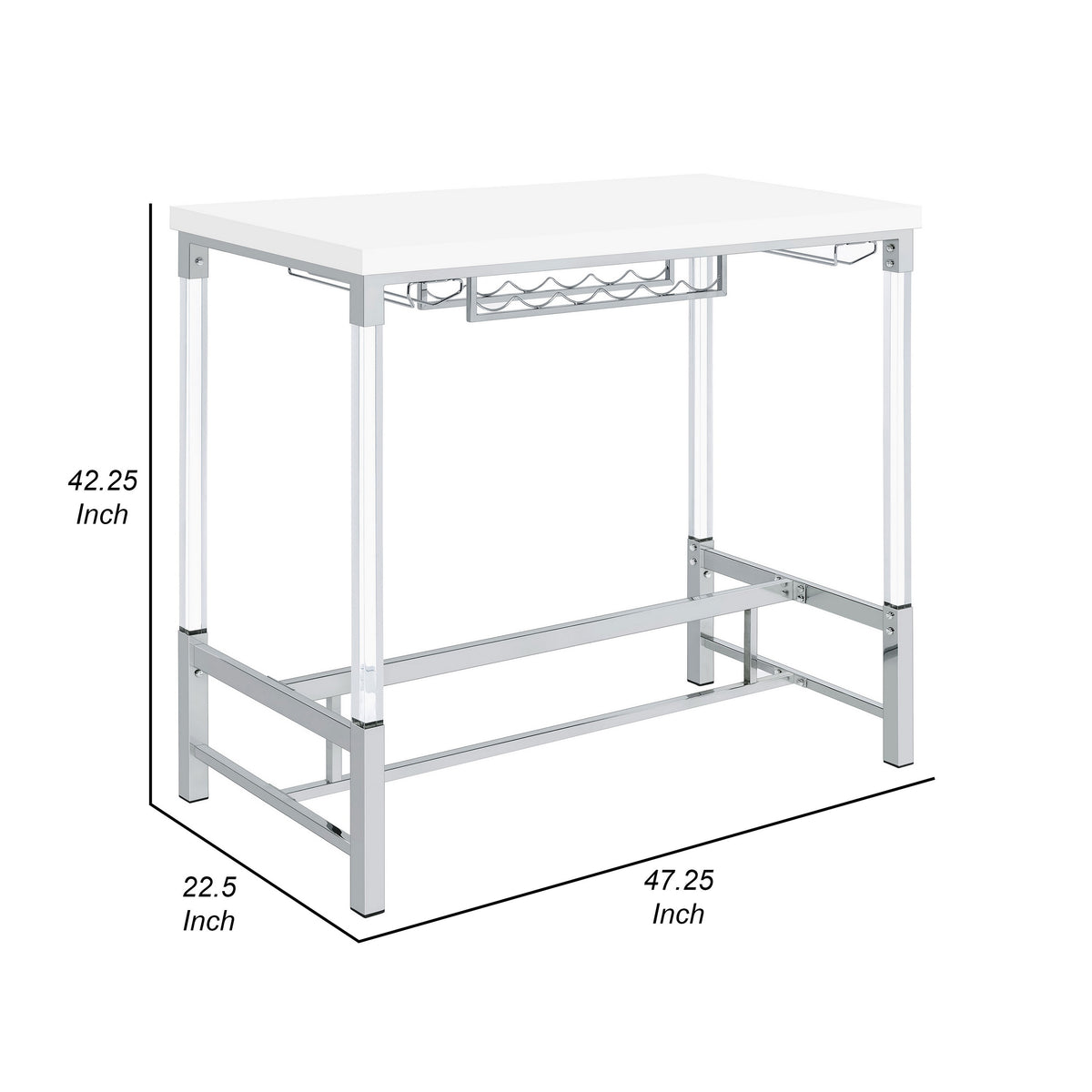 Nora Bar Height Table with Wine Storage, Acrylic Legs, White, 47 Inch  - BM319071