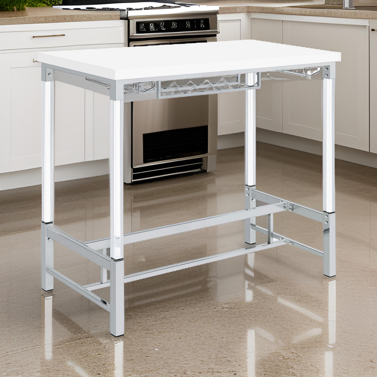 Nora Bar Height Table with Wine Storage, Acrylic Legs, White, 47 Inch  - BM319071