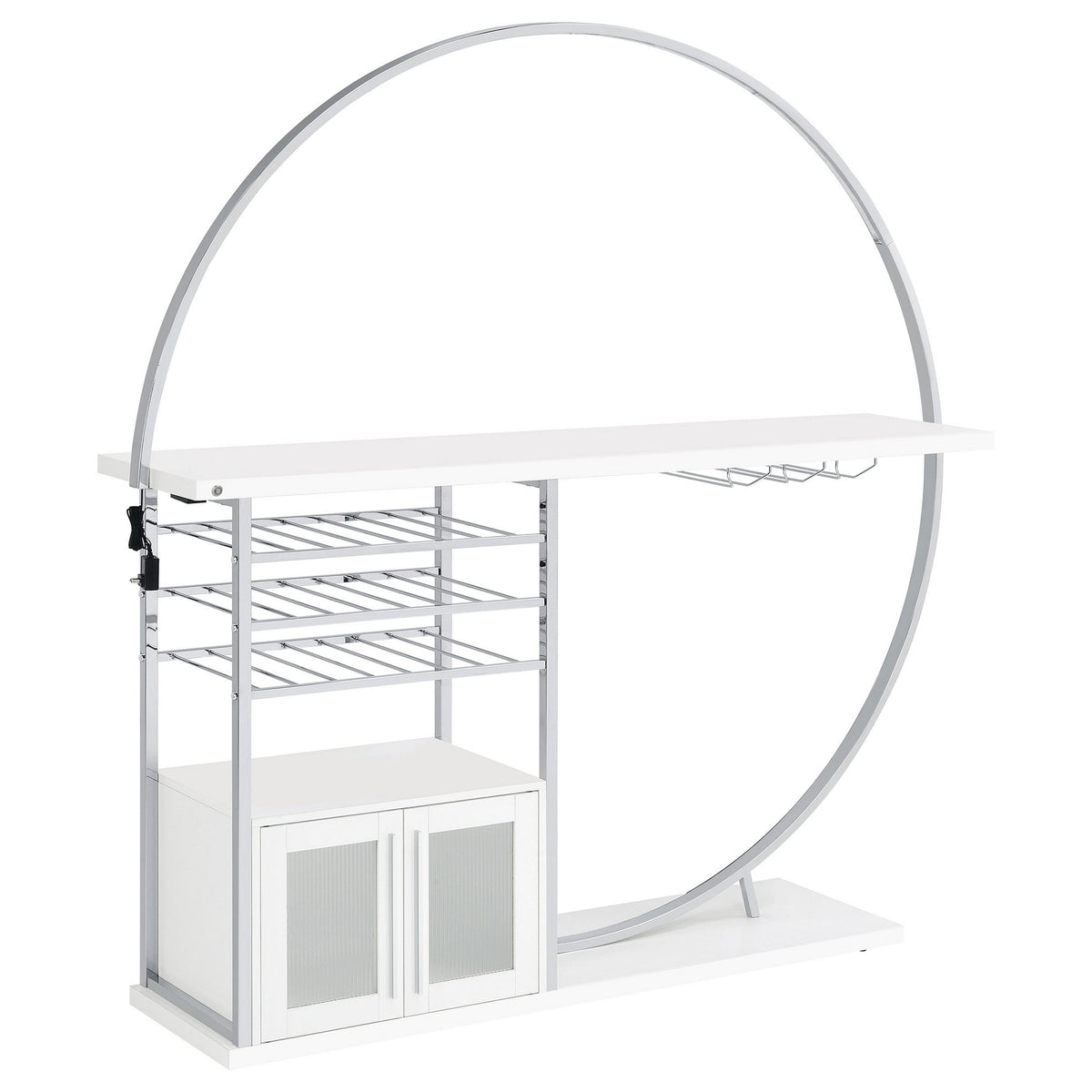 Riya Home Bar Table, LED Light, Cabinets, Wine Storage, White, Chrome Metal  - BM319072
