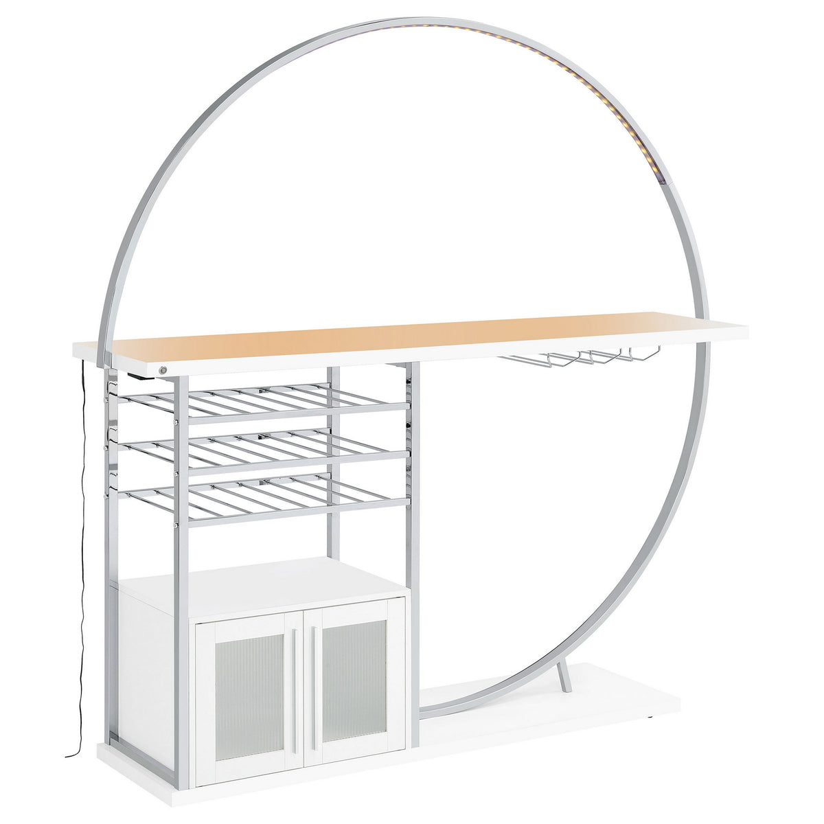 Riya Home Bar Table, LED Light, Cabinets, Wine Storage, White, Chrome Metal  - BM319072