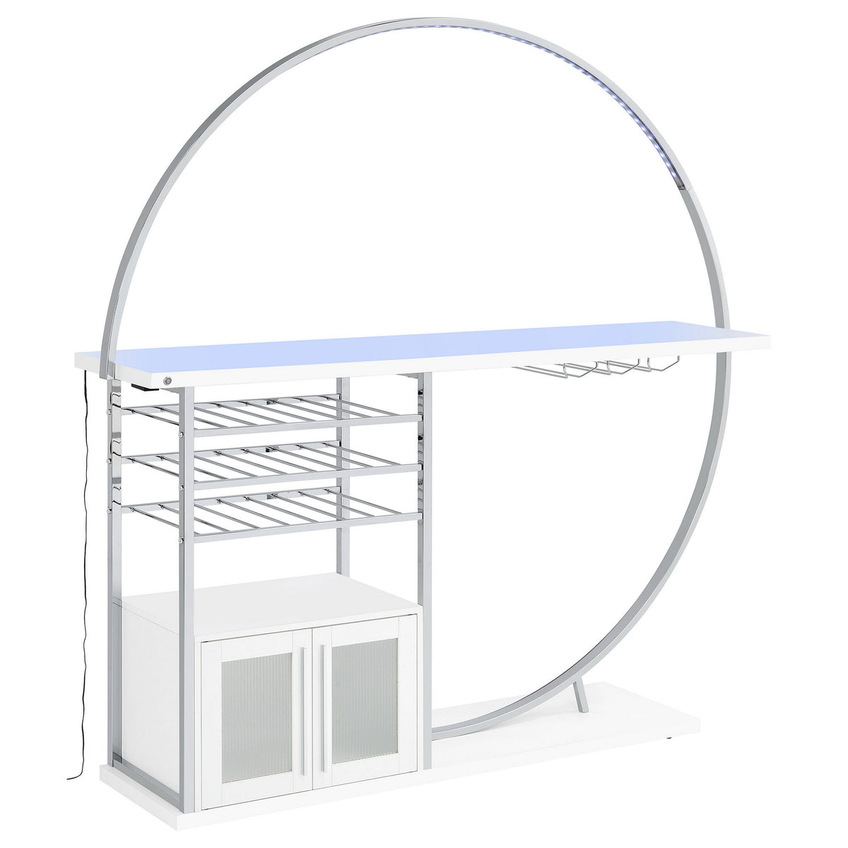 Riya Home Bar Table, LED Light, Cabinets, Wine Storage, White, Chrome Metal  - BM319072