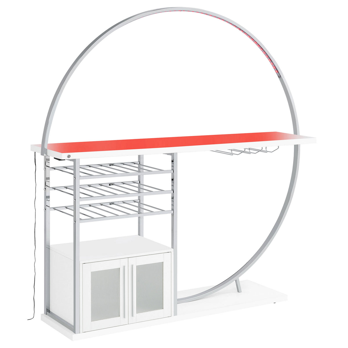 Riya Home Bar Table, LED Light, Cabinets, Wine Storage, White, Chrome Metal  - BM319072