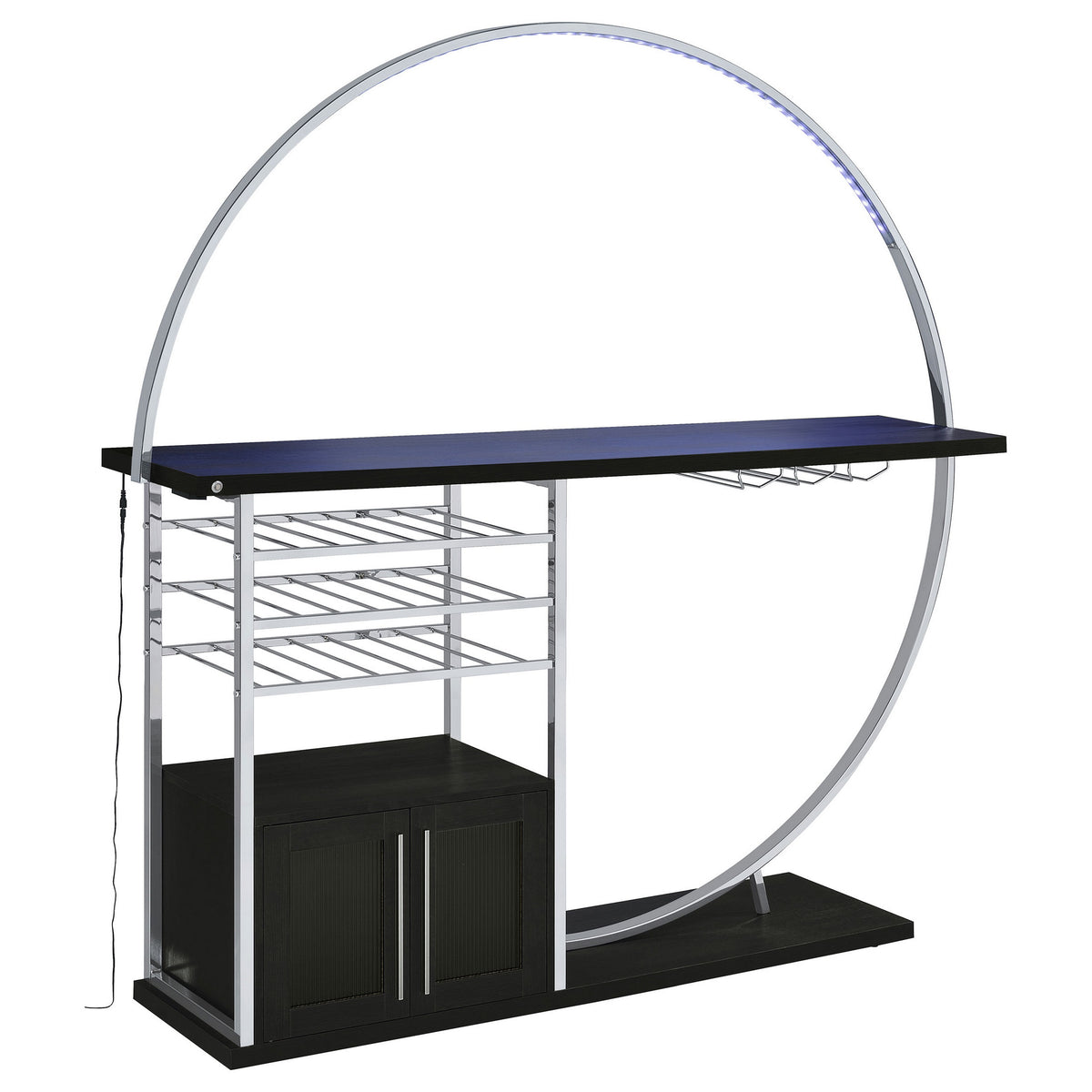Riya Home Bar Table, LED Light, Cabinets, Wine Storage, Black, Chrome Metal  - BM319073