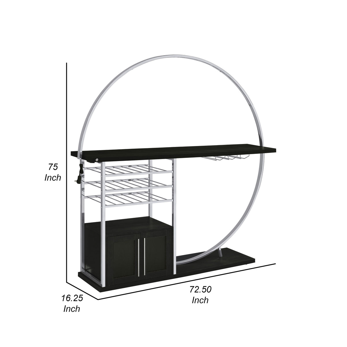 Riya Home Bar Table, LED Light, Cabinets, Wine Storage, Black, Chrome Metal  - BM319073