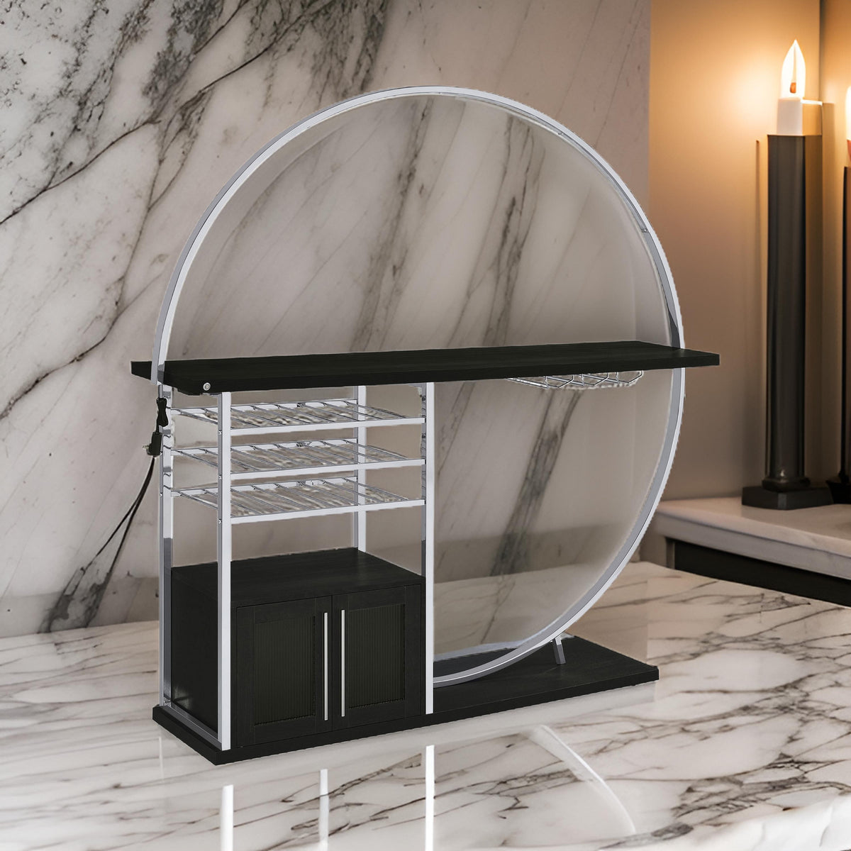 Riya Home Bar Table, LED Light, Cabinets, Wine Storage, Black, Chrome Metal  - BM319073