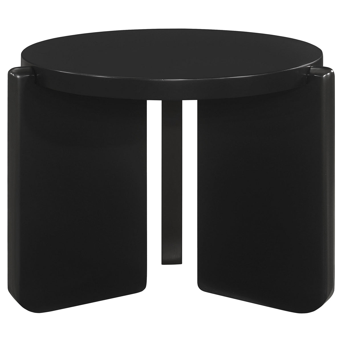 Kiya Side End Table, Panel Legs, 27 Inch Round Black Solid Wood Frame  - BM319074