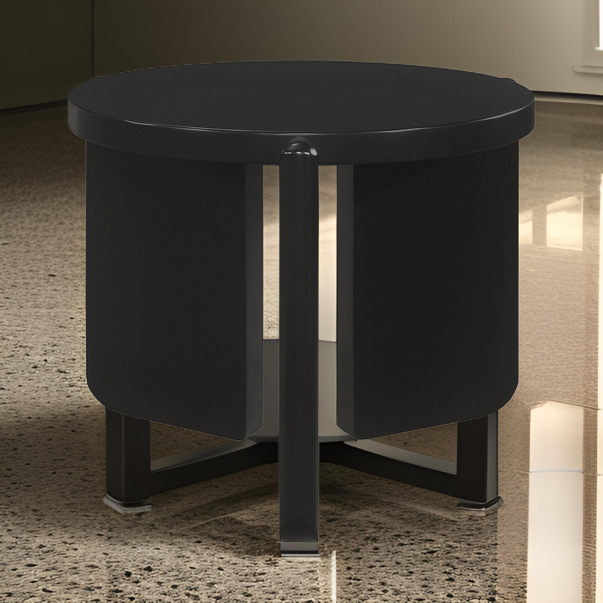 Kiya Side End Table, Panel Legs, 27 Inch Round Black Solid Wood Frame  - BM319074
