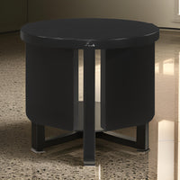 Kiya Side End Table, Panel Legs, 27 Inch Round Black Solid Wood Frame  - BM319074