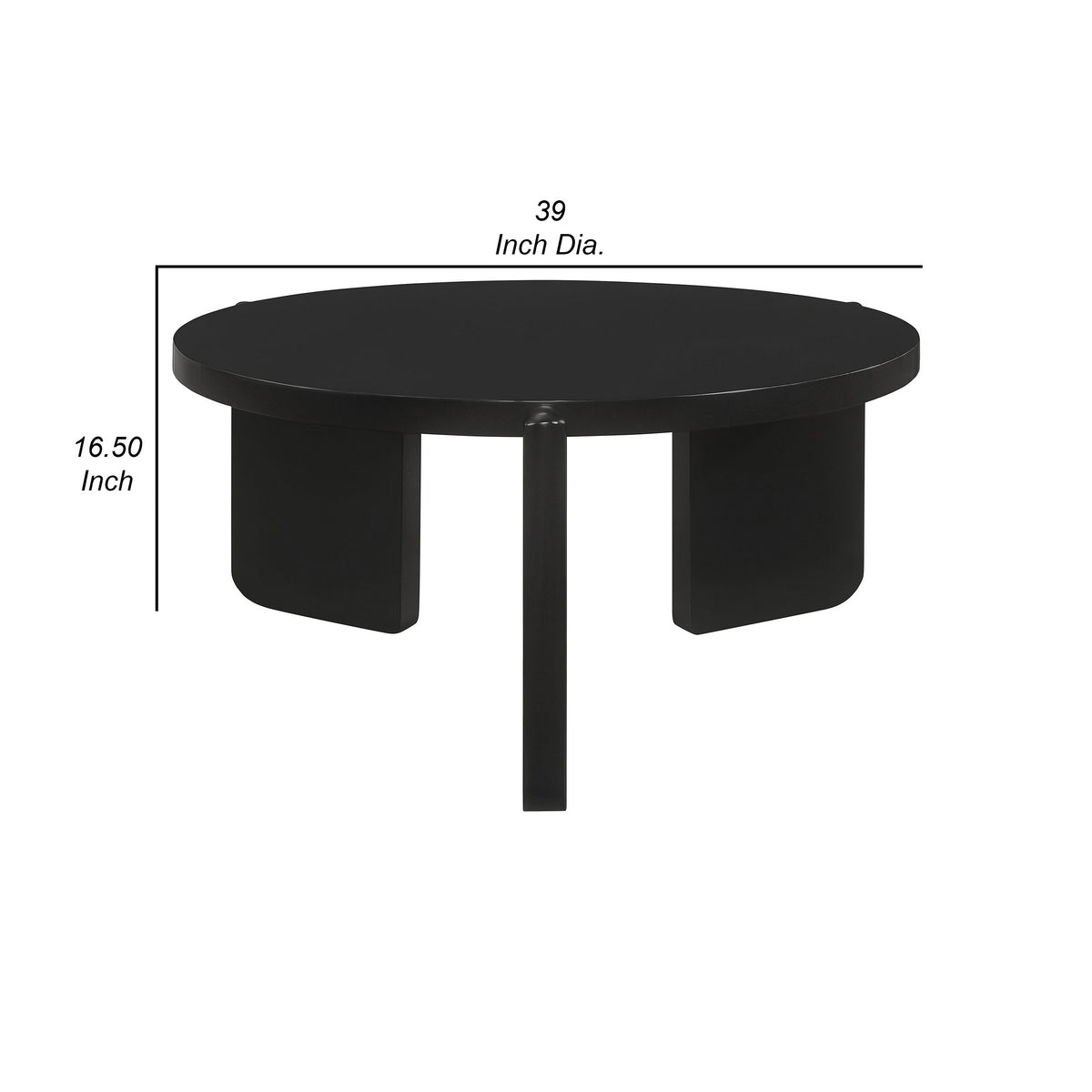 Kiya Coffee Table, 39 Inch Round Top, Black Solid Wood Frame, Panel Legs  - BM319075