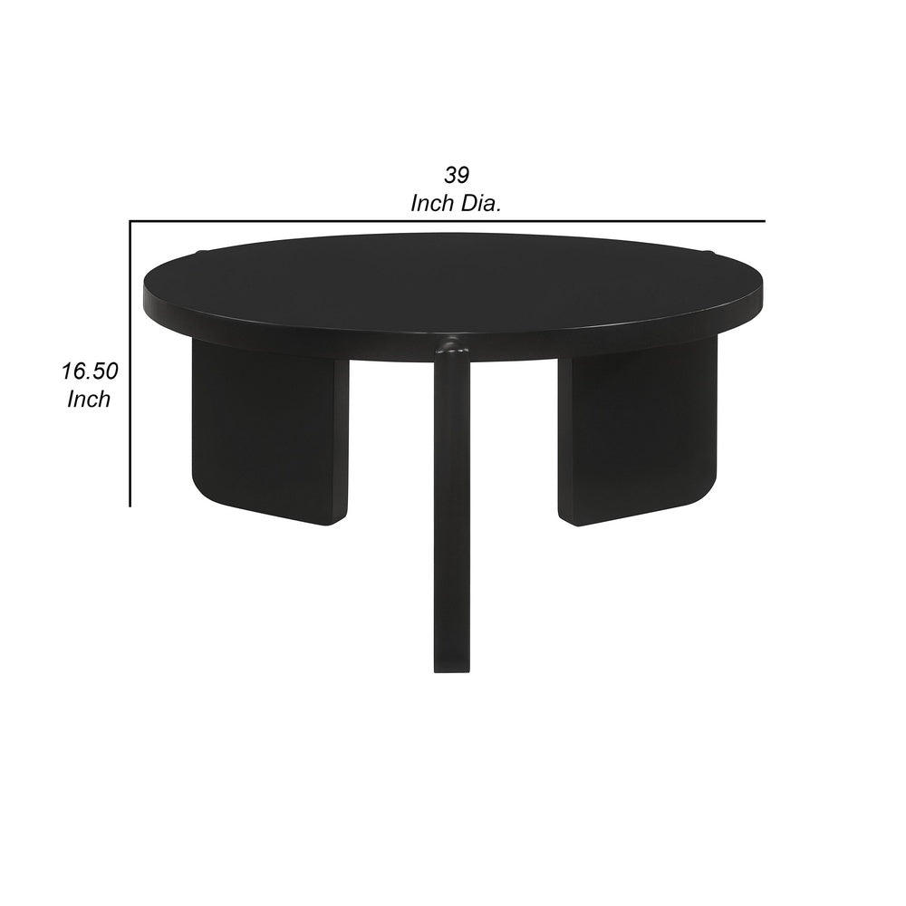 Kiya Coffee Table, 39 Inch Round Top, Black Solid Wood Frame, Panel Legs  - BM319075