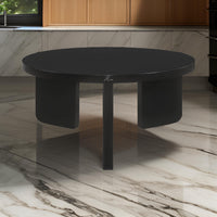 Kiya Coffee Table, 39 Inch Round Top, Black Solid Wood Frame, Panel Legs  - BM319075