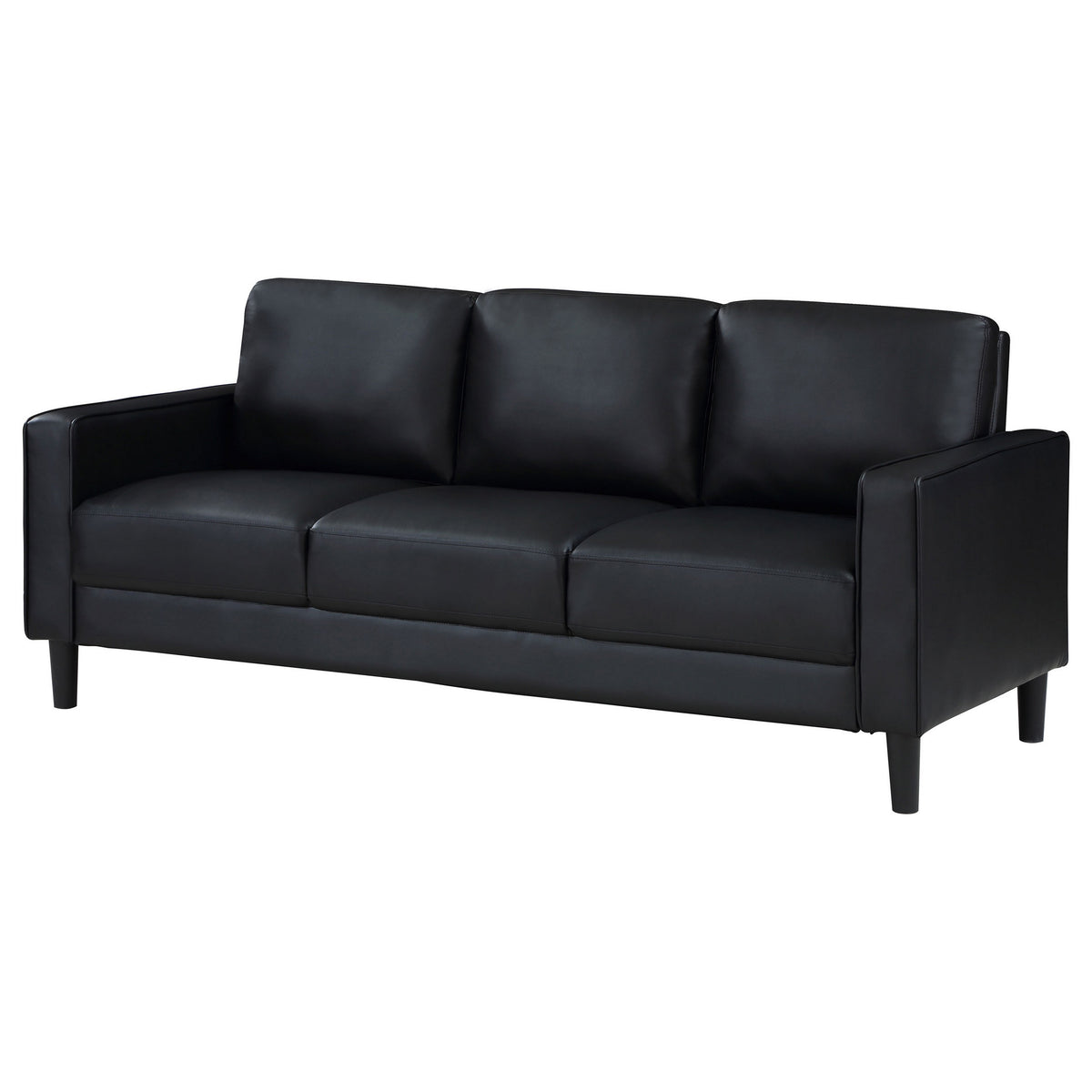 Rumi Sofa, Black Faux Leather, Modern Track Arms, Foam Cushions, 77 Inch  - BM319091