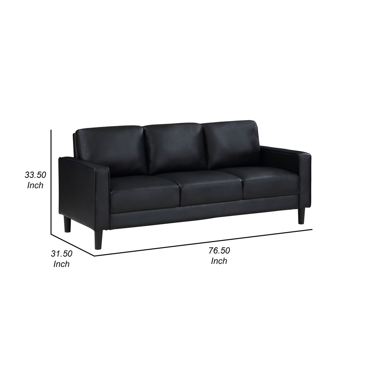 Rumi Sofa, Black Faux Leather, Modern Track Arms, Foam Cushions, 77 Inch  - BM319091