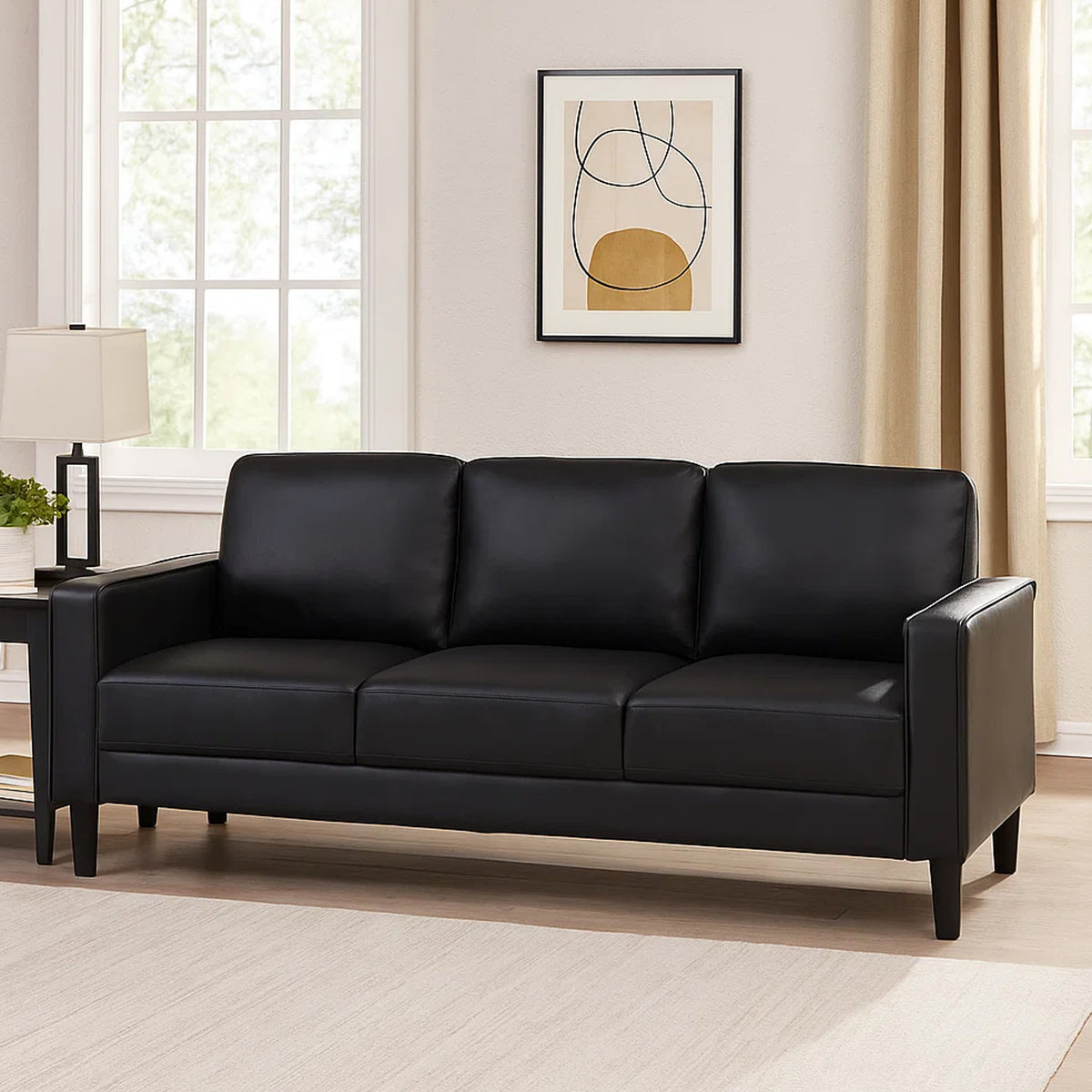 Rumi Sofa, Black Faux Leather, Modern Track Arms, Foam Cushions, 77 Inch  - BM319091