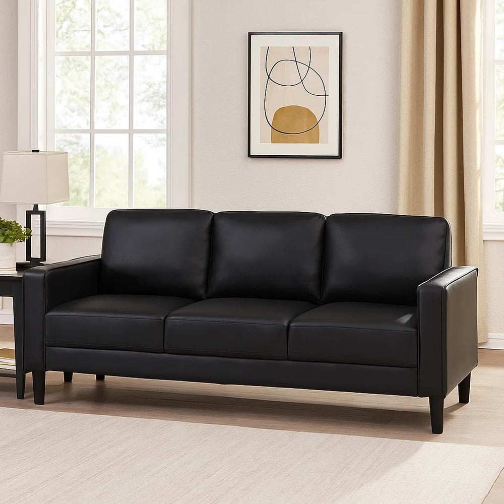 Rumi Sofa, Black Faux Leather, Modern Track Arms, Foam Cushions, 77 Inch  - BM319091