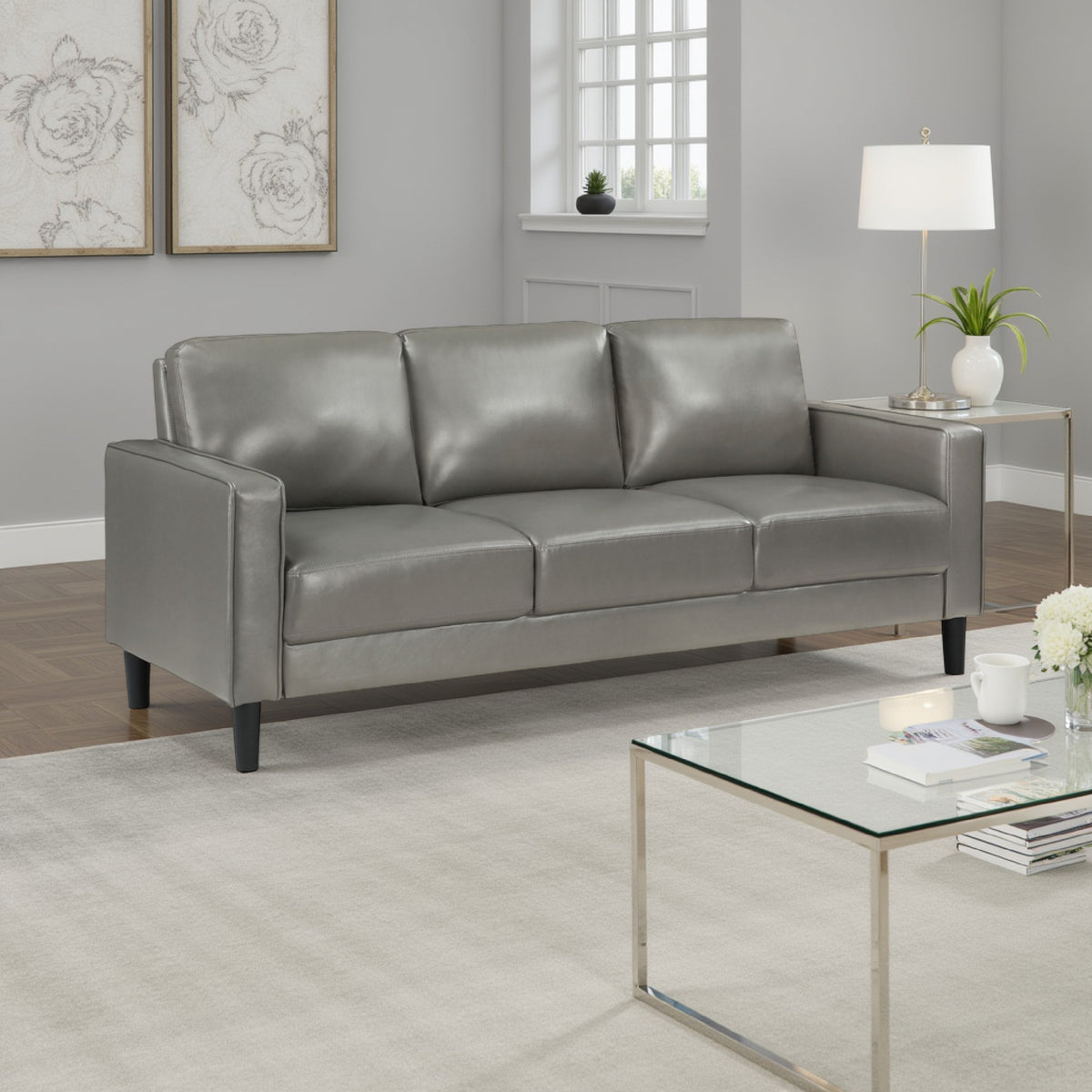 Rumi Sofa, Gray Faux Leather, Modern Track Arms, Foam Cushions, 77 Inch  - BM319092