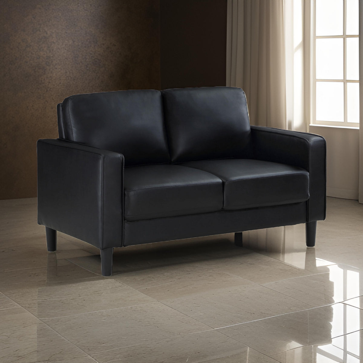 Rumi Loveseat, Black Faux Leather, Modern Track Style Arms, Foam, 54 Inch  - BM319093