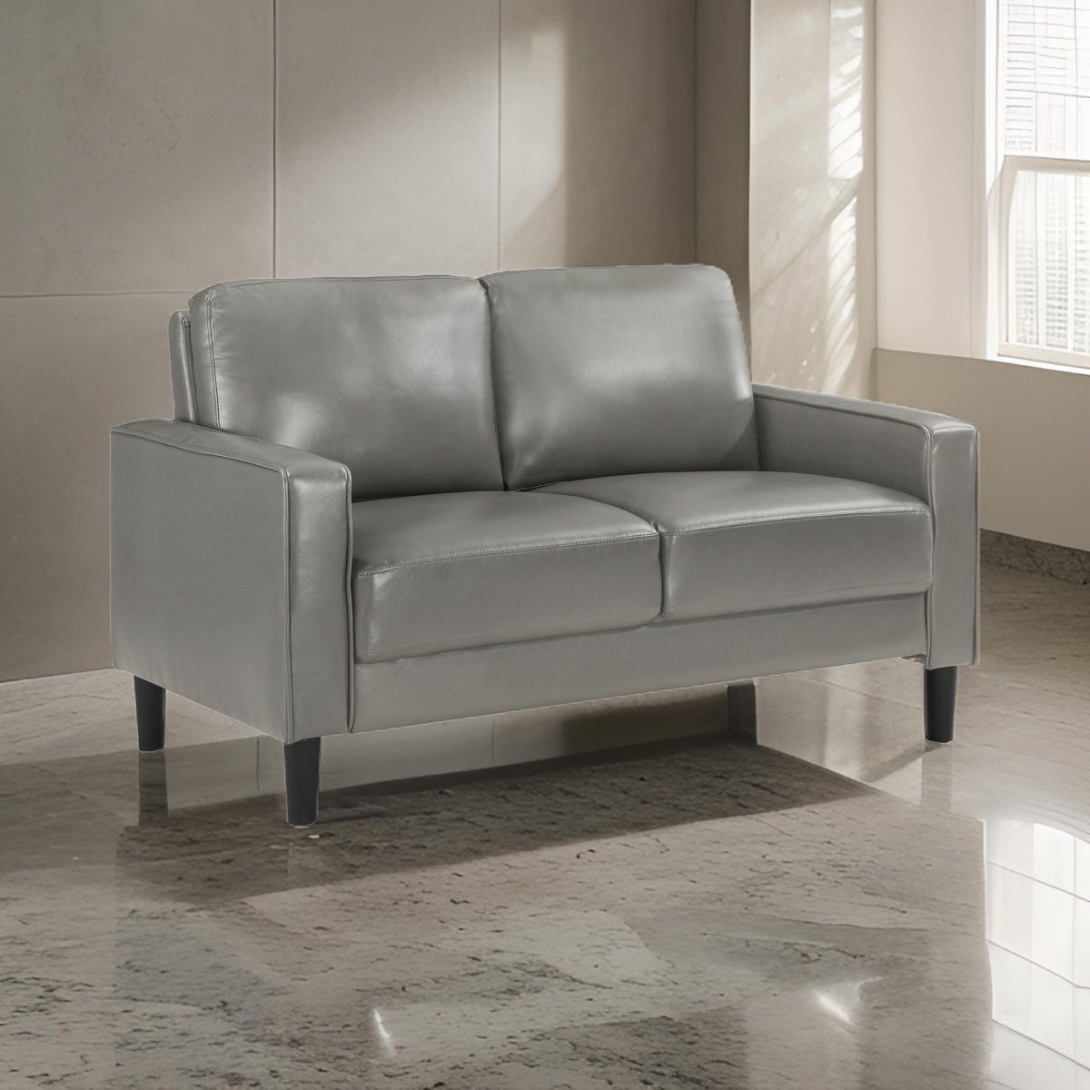 Rumi Loveseat, Gray Faux Leather, Modern Track Arms, Foam Cushions, 54 Inch  - BM319094