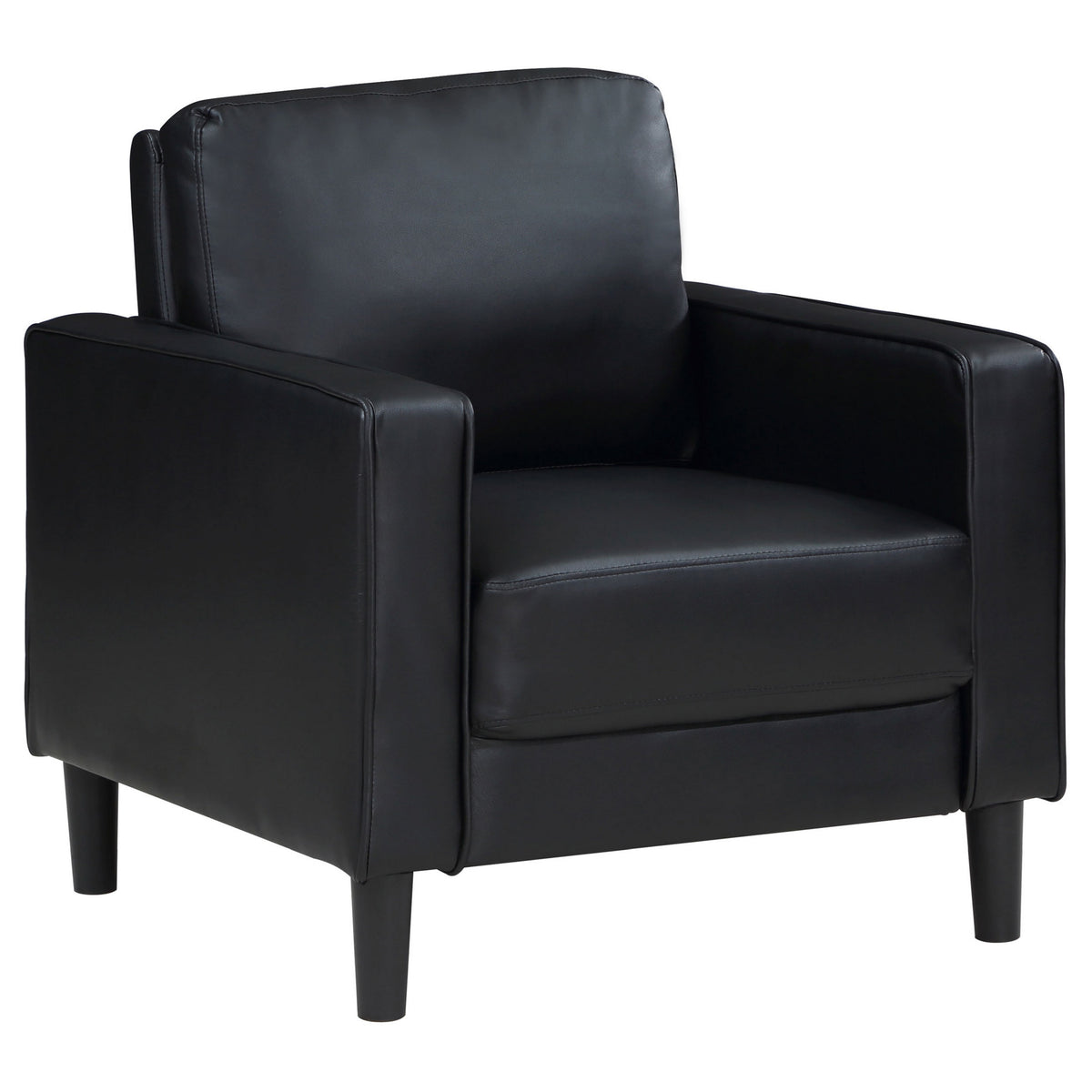 Rumi Accent Chair, Black Faux Leather, Modern Track Arms, Foam Cushions  - BM319095