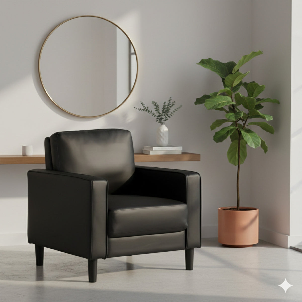 Rumi Accent Chair, Black Faux Leather, Modern Track Arms, Foam Cushions  - BM319095
