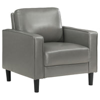 Rumi Accent Chair, Gray Faux Leather, Modern Track Arms, Foam Cushions  - BM319096