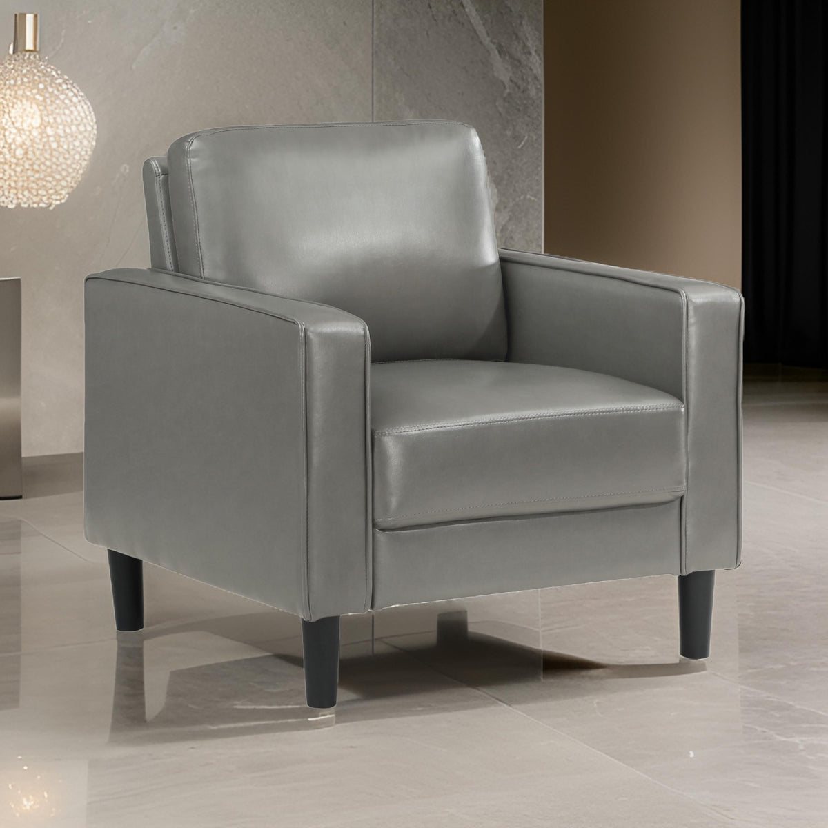 Rumi Accent Chair, Gray Faux Leather, Modern Track Arms, Foam Cushions  - BM319096