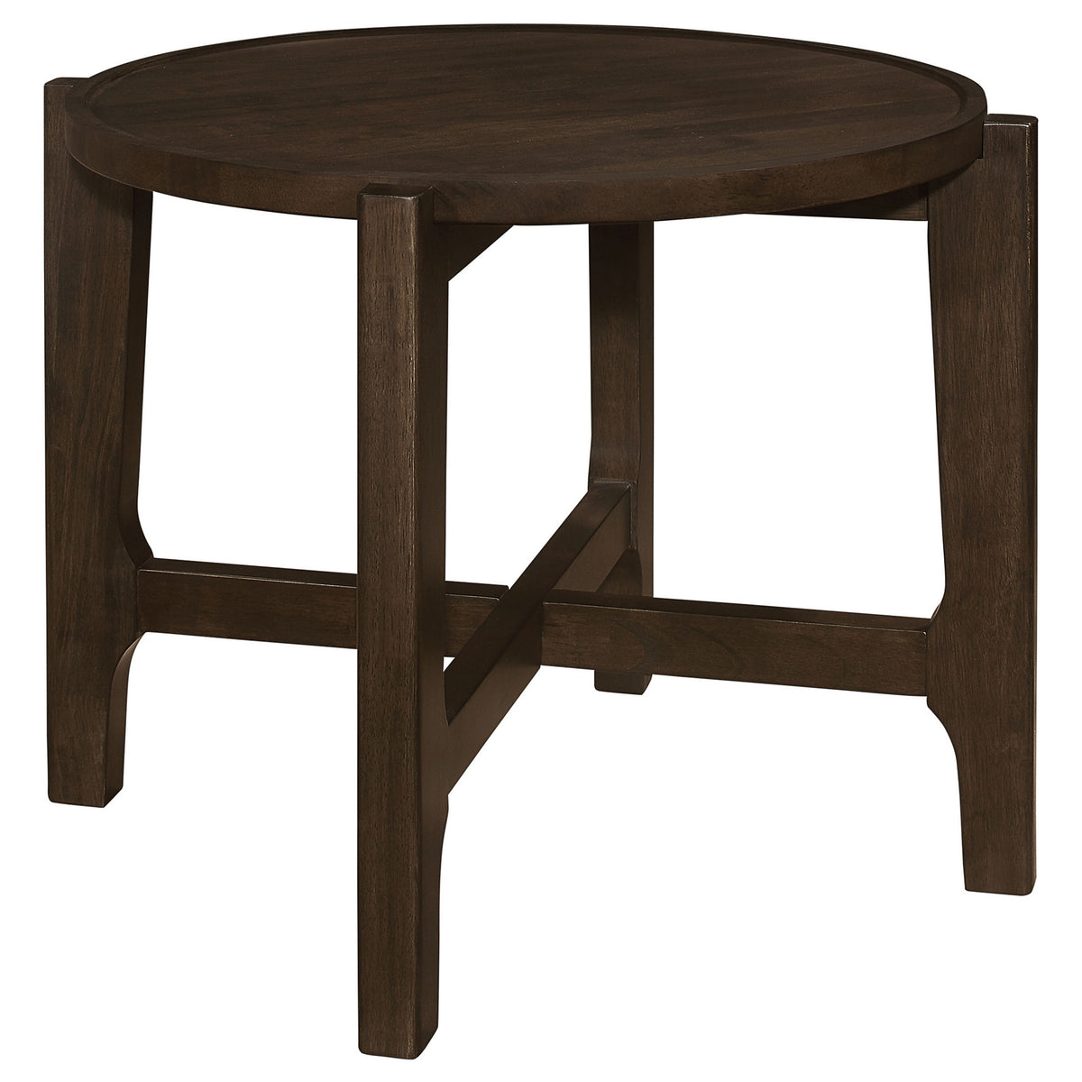 Katie End Table, Round 26 Inch Top, Dark Brown Solid Wood, Cross Beam Legs  - BM319099