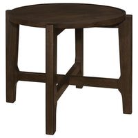 Katie End Table, Round 26 Inch Top, Dark Brown Solid Wood, Cross Beam Legs  - BM319099