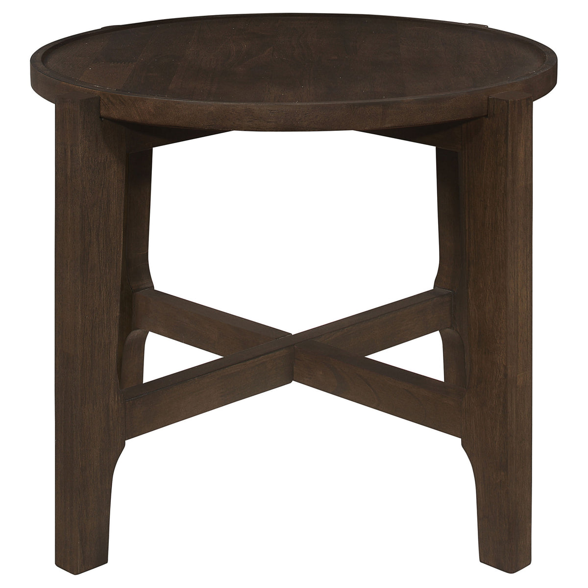 Katie End Table, Round 26 Inch Top, Dark Brown Solid Wood, Cross Beam Legs  - BM319099