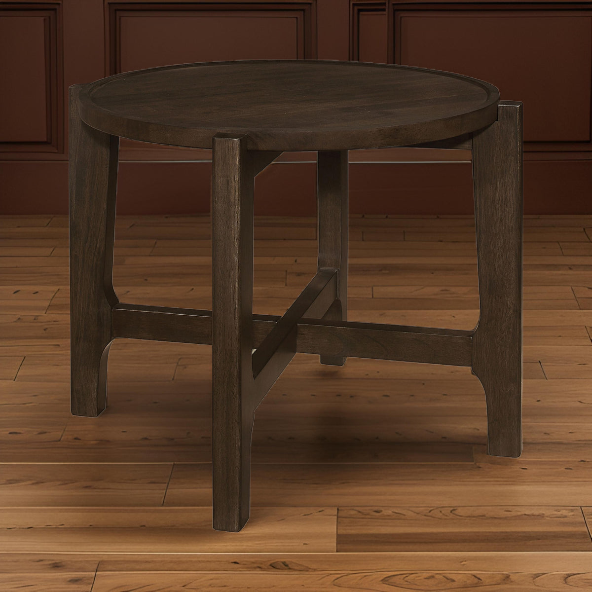 Katie End Table, Round 26 Inch Top, Dark Brown Solid Wood, Cross Beam Legs  - BM319099