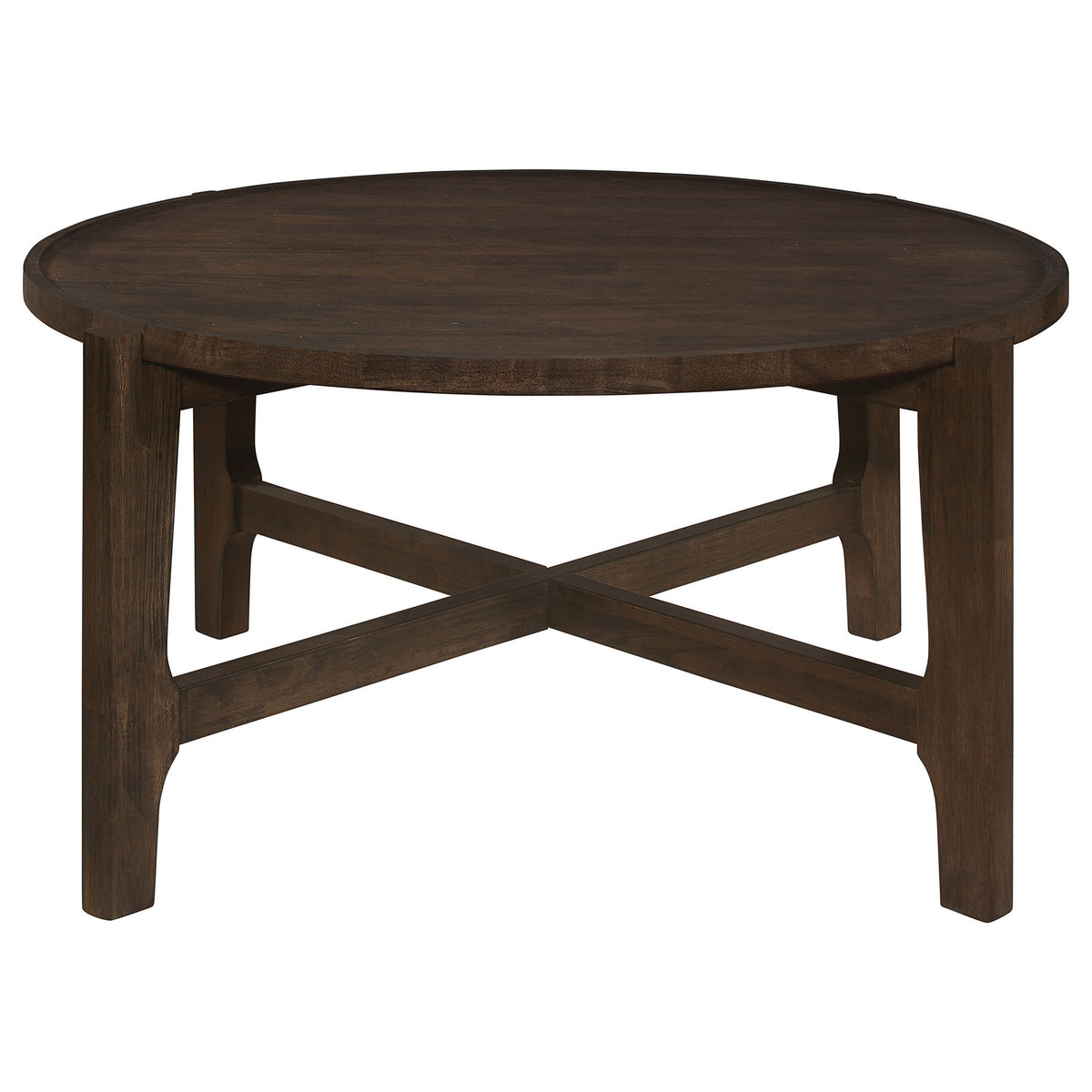 Katie Coffee Table, Round 38 Inch Top, Dark Brown Wood, Cross Beam Legs  - BM319100