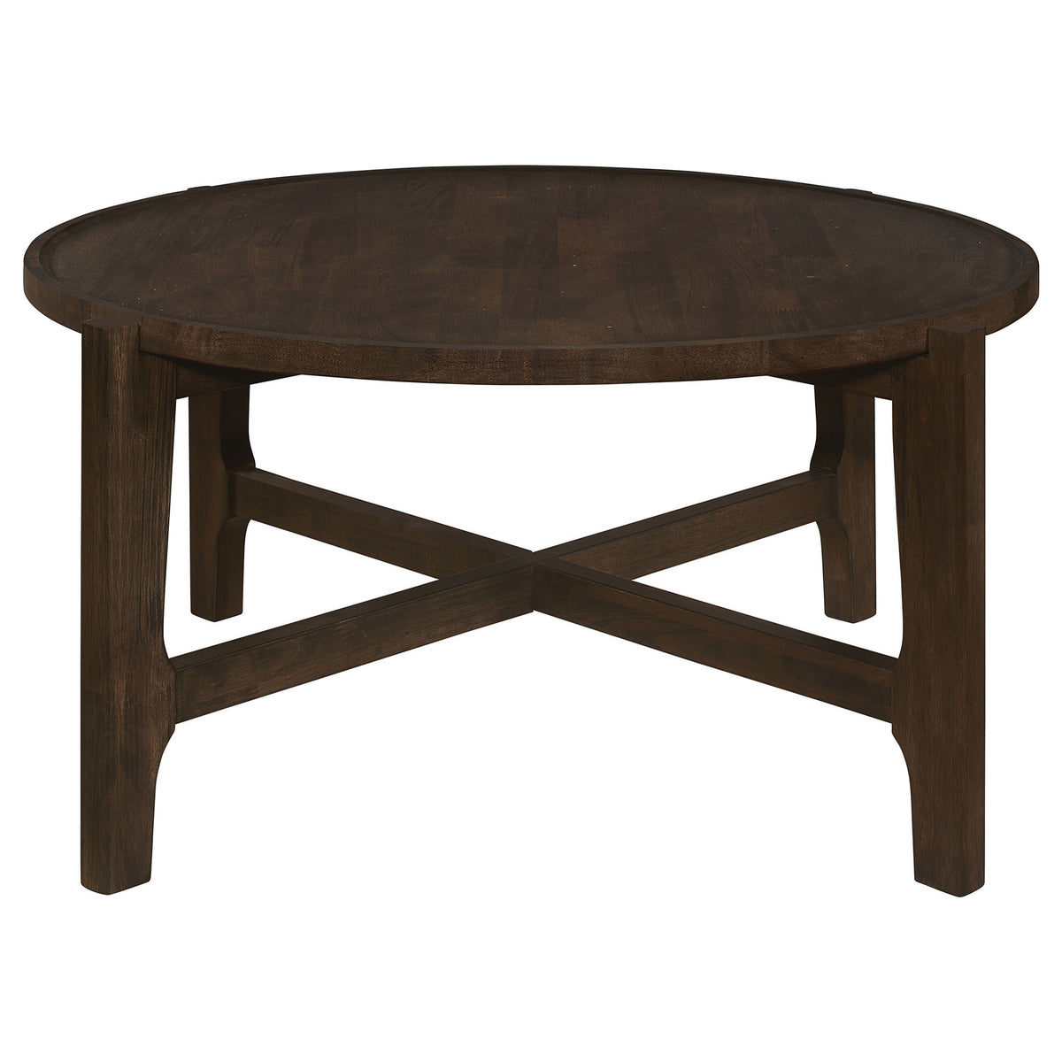Katie Coffee Table, Round 38 Inch Top, Dark Brown Wood, Cross Beam Legs  - BM319100