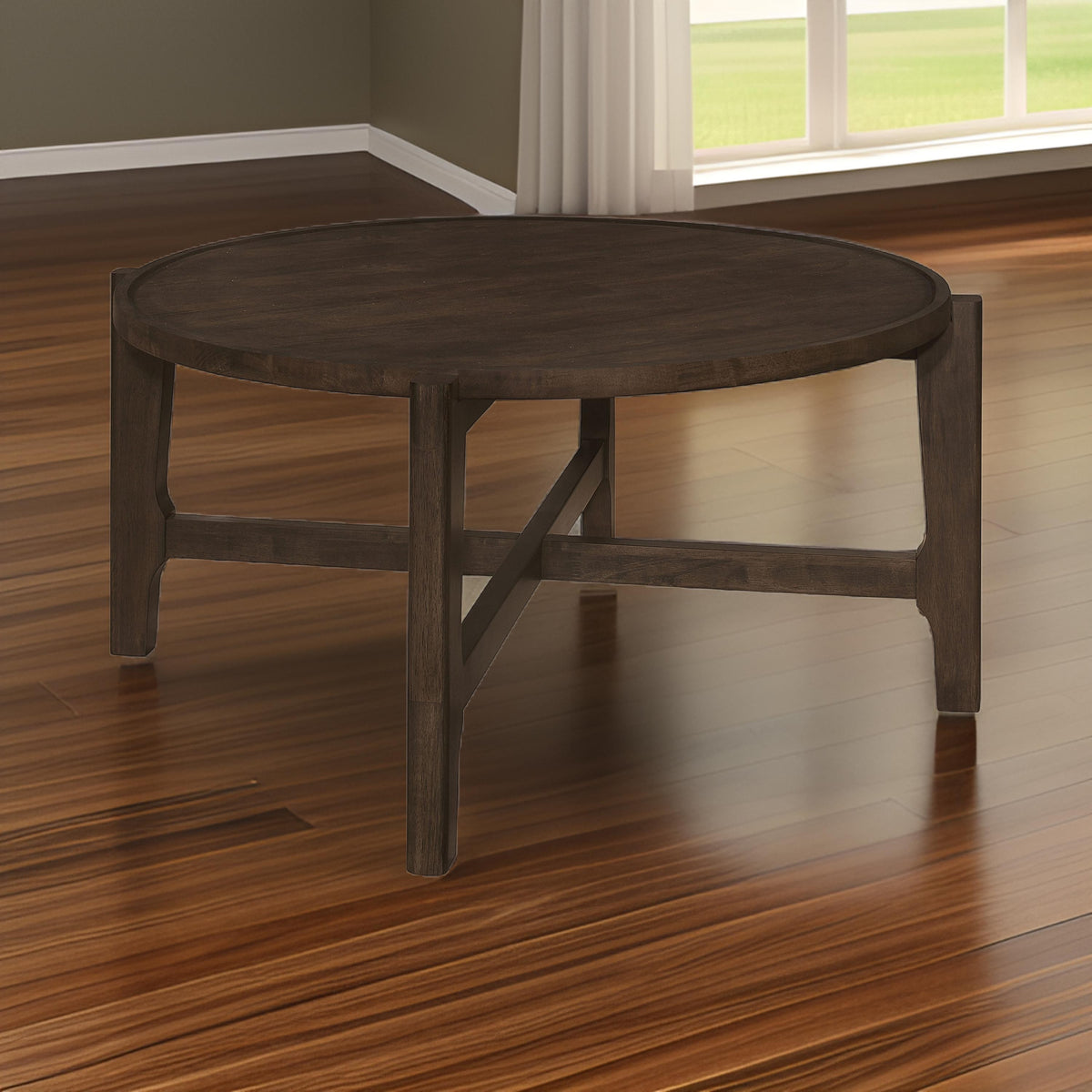 Katie Coffee Table, Round 38 Inch Top, Dark Brown Wood, Cross Beam Legs  - BM319100
