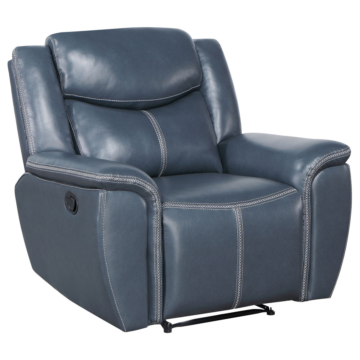 Eleni Manual Recliner Chair, Blue Faux Leather, Cushions, Stitching Detail  - BM319114