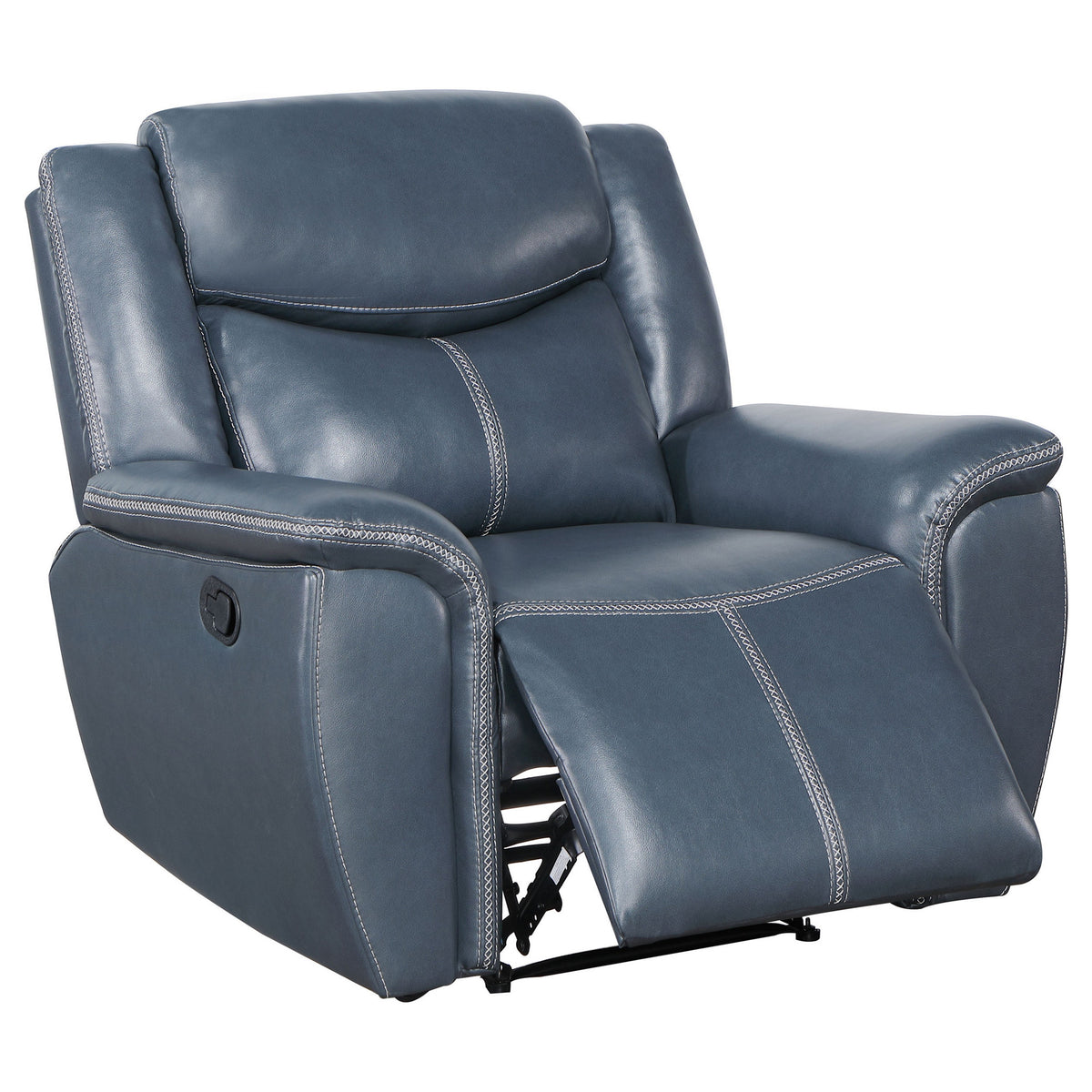 Eleni Manual Recliner Chair, Blue Faux Leather, Cushions, Stitching Detail  - BM319114