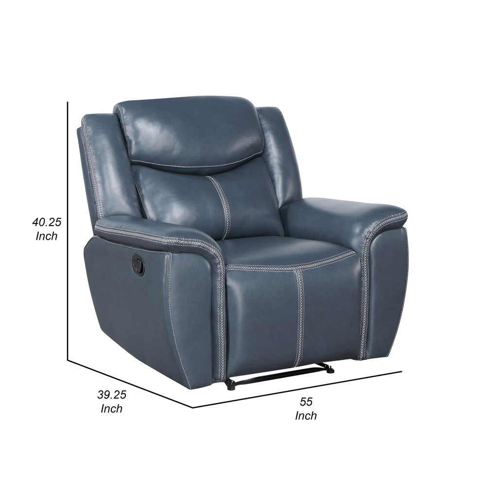 Eleni Manual Recliner Chair, Blue Faux Leather, Cushions, Stitching Detail  - BM319114