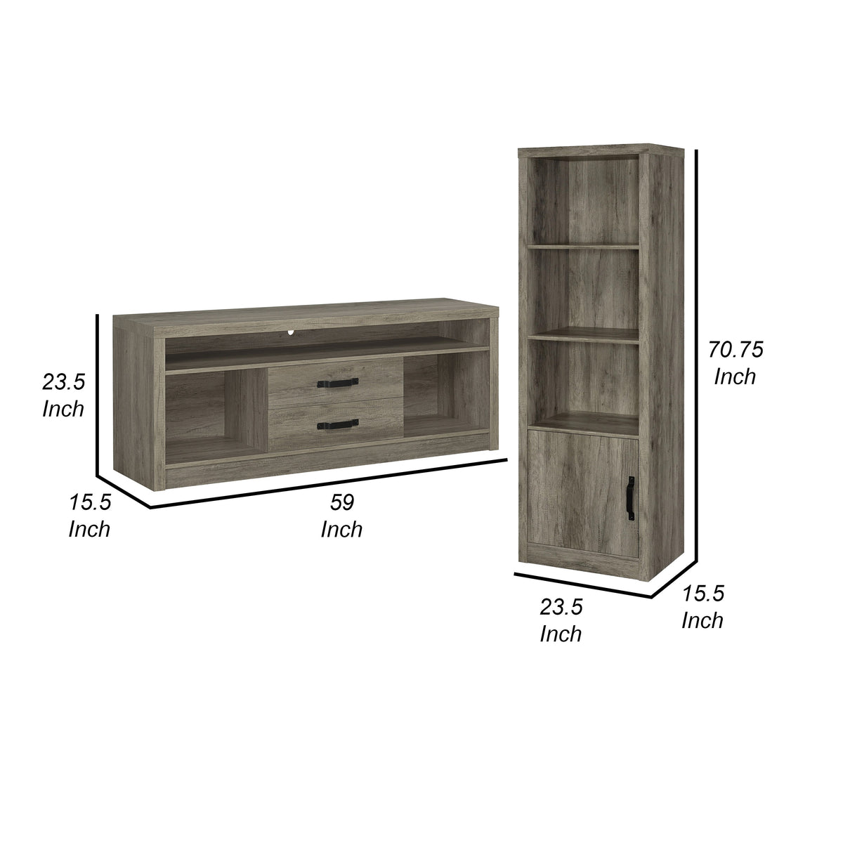 TV Entertainment Console with 2 Media Tower, 8 Compartments, Driftwood Gray