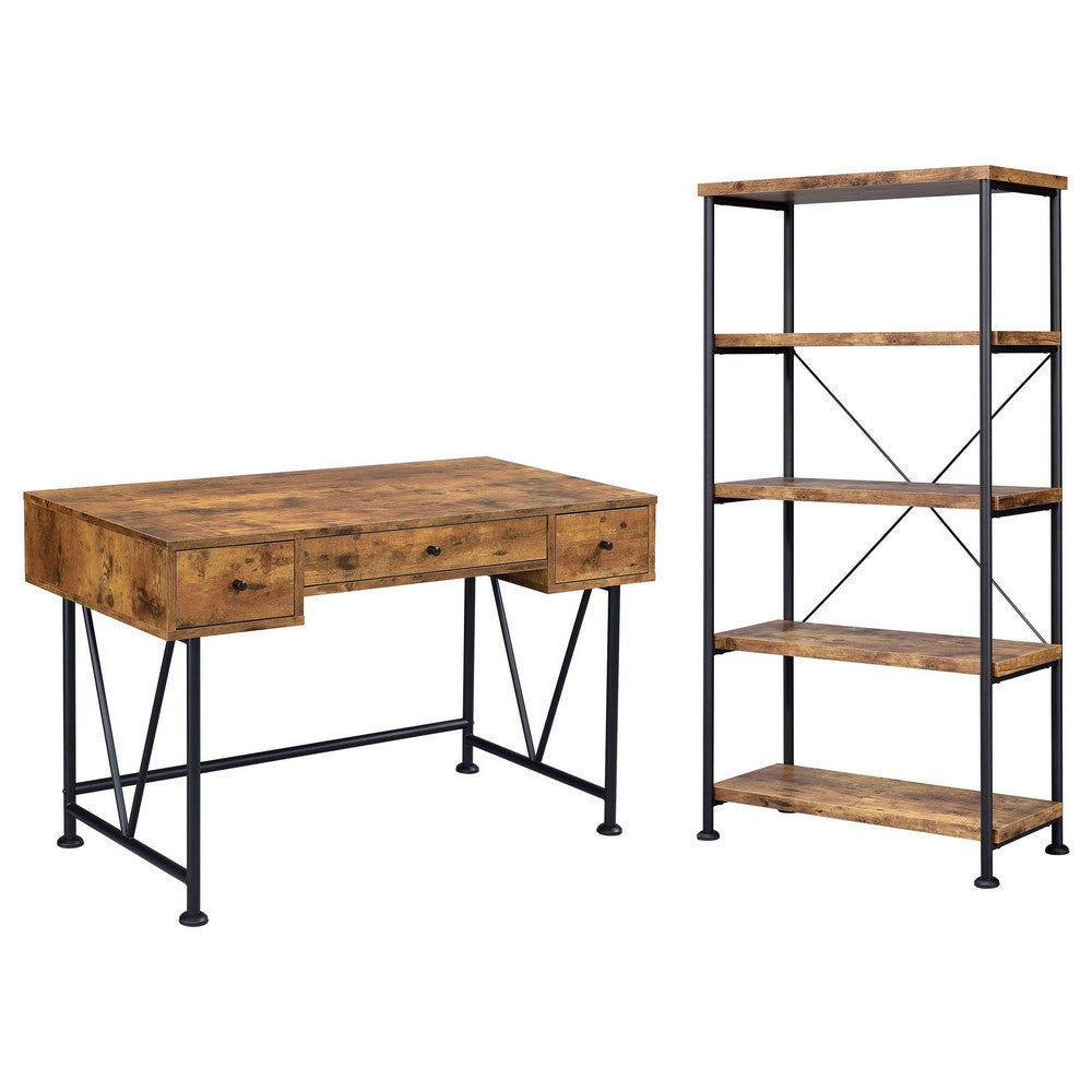 2 Piece Writing Desk with Bookshelf Unit, Rustic Brown, Black Metal Frame - BM319126