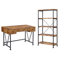 2 Piece Writing Desk with Bookshelf Unit, Rustic Brown, Black Metal Frame - BM319126