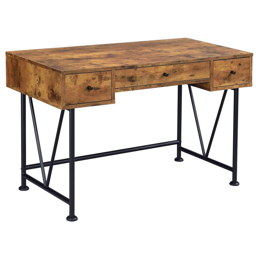 2 Piece Writing Desk with Bookshelf Unit, Rustic Brown, Black Metal Frame - BM319126