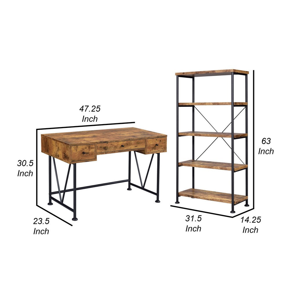 2 Piece Writing Desk with Bookshelf Unit, Rustic Brown, Black Metal Frame - BM319126