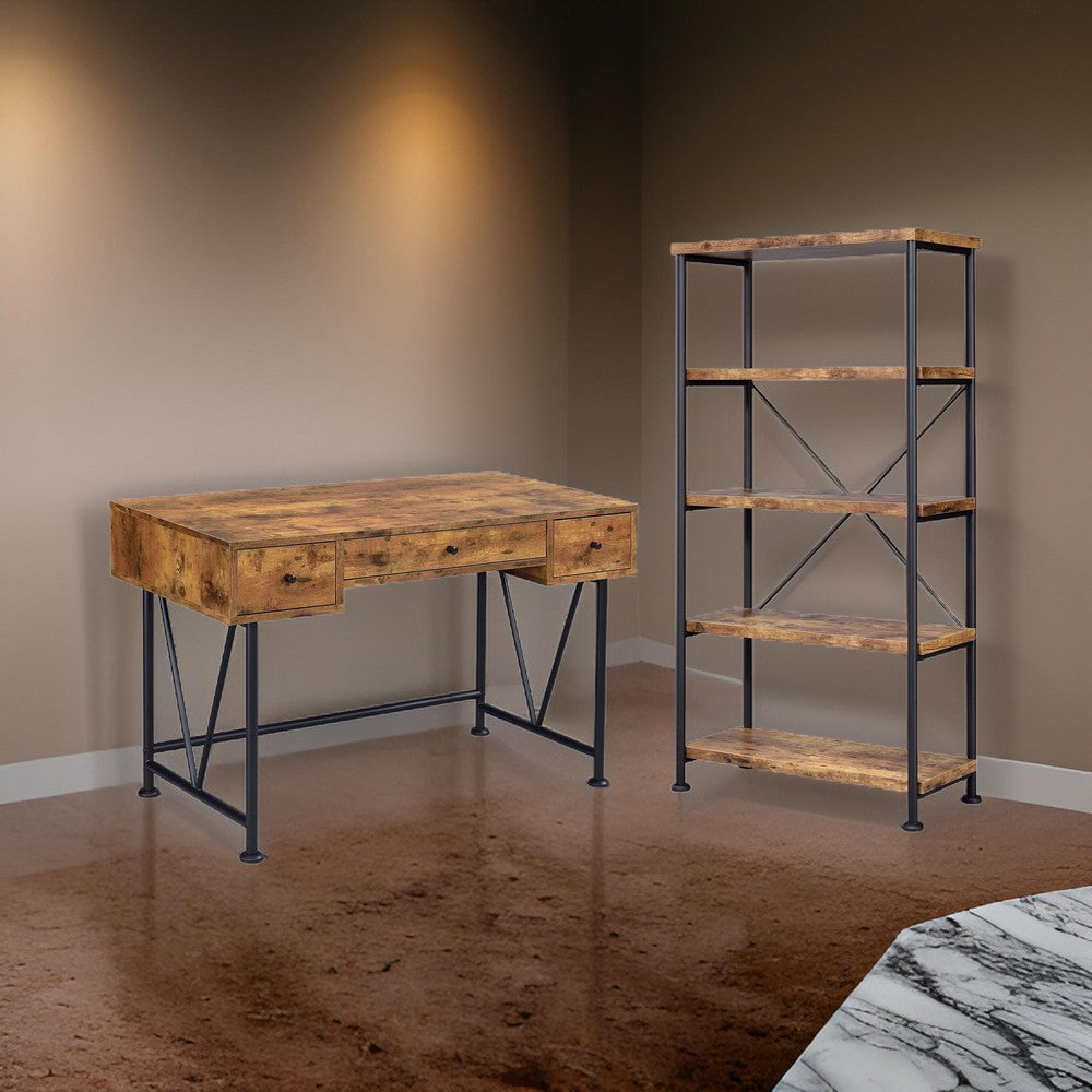 2 Piece Writing Desk with Bookshelf Unit, Rustic Brown, Black Metal Frame - BM319126