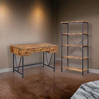 2 Piece Writing Desk with Bookshelf Unit, Rustic Brown, Black Metal Frame - BM319126