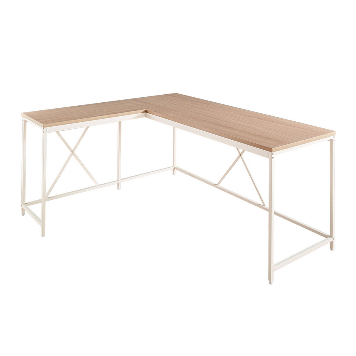 Posy Corner Desk, L Shaped White Metal Frame, X Crossed, Oak Brown Wood Top-BM319195