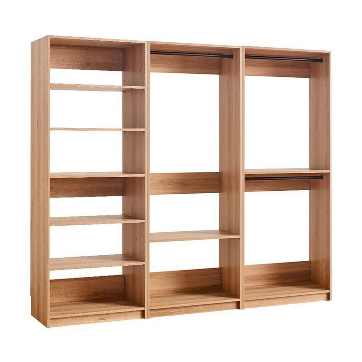 Dee Modular Closet System, 3 Clothing Racks, 6 Shelves in Oak Brown Wood-BM319212