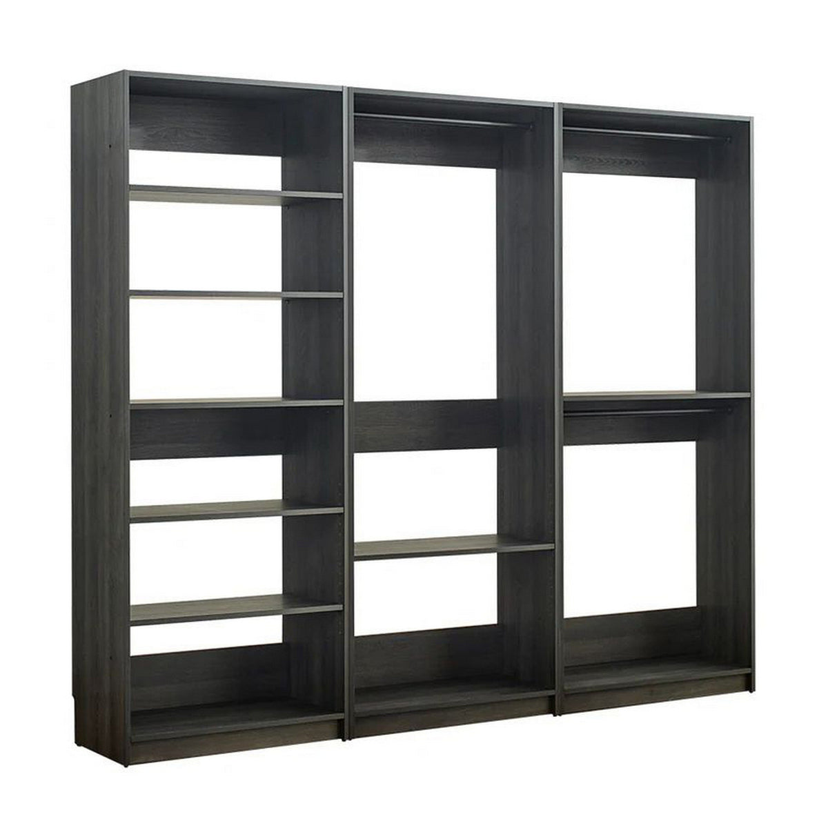 Dee Modular Closet System, 3 Hanging Rods and 6 Shelves, Dark Gray Wood-BM319218