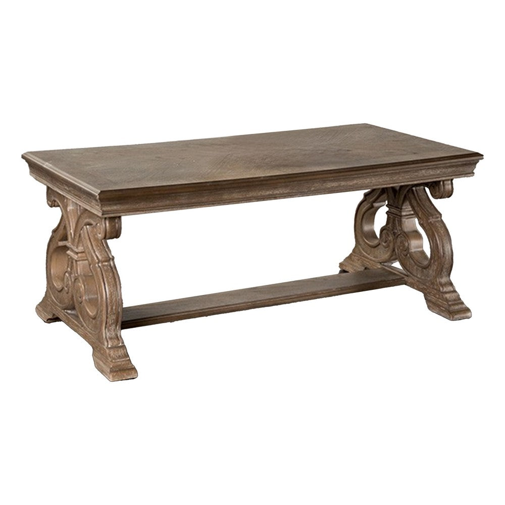 Gia Coffee Table, 52 Inch Rectangular Top, Carved Details, Brown Solid Wood - BM319504