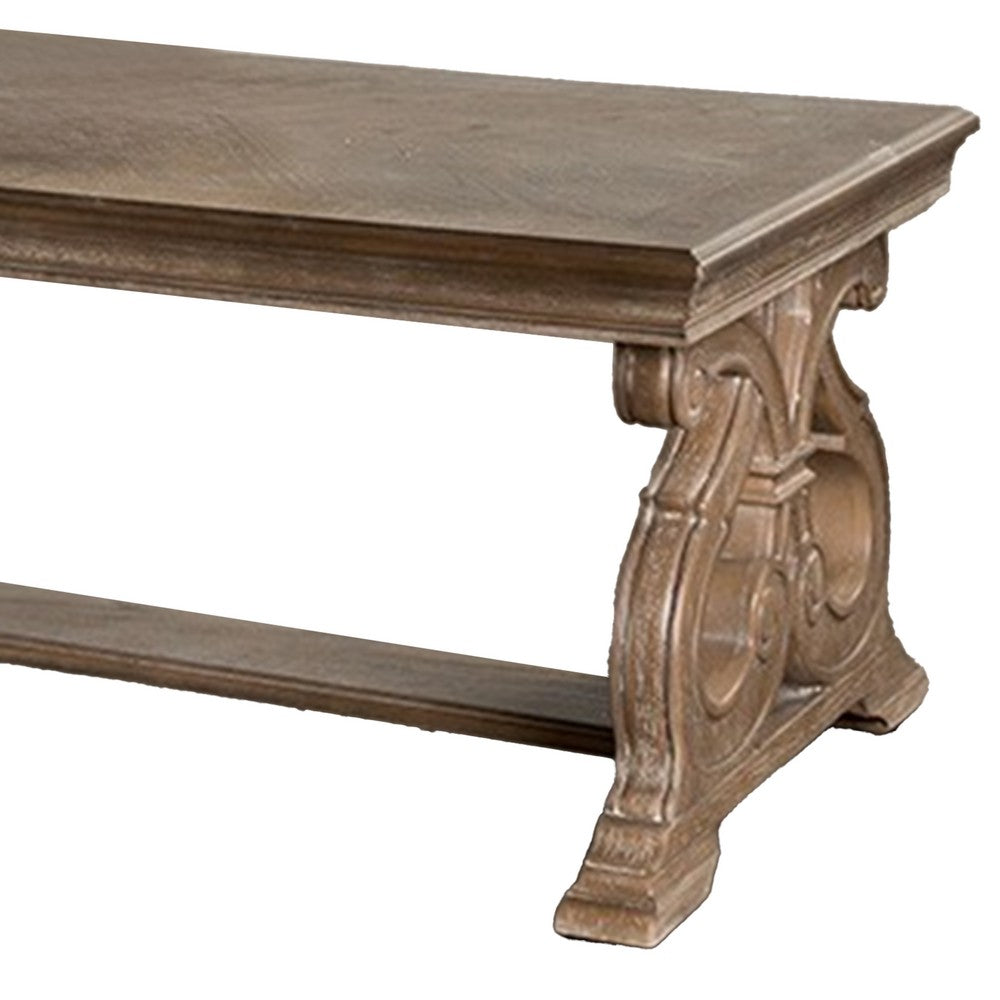 Gia Coffee Table, 52 Inch Rectangular Top, Carved Details, Brown Solid Wood - BM319504