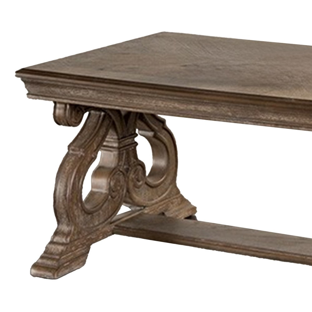 Gia Coffee Table, 52 Inch Rectangular Top, Carved Details, Brown Solid Wood - BM319504
